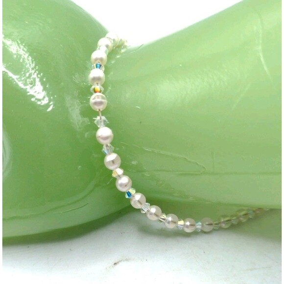 Vtg 925 Sterling Silver Clasp Faux Pearl & AB Aurora Borealis Facetted Bead 8" - Picture 3 of 11